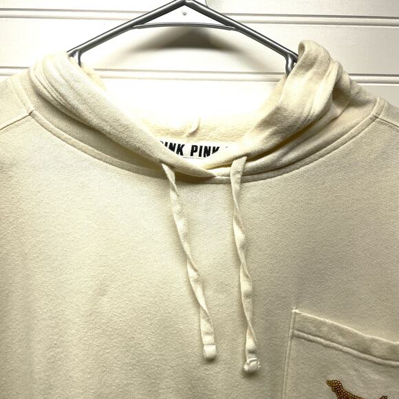 PINK Victoria’s Secret Oversized Cream Hoodie w/Gold Sequence Branding Size M - Picture 4 of 13